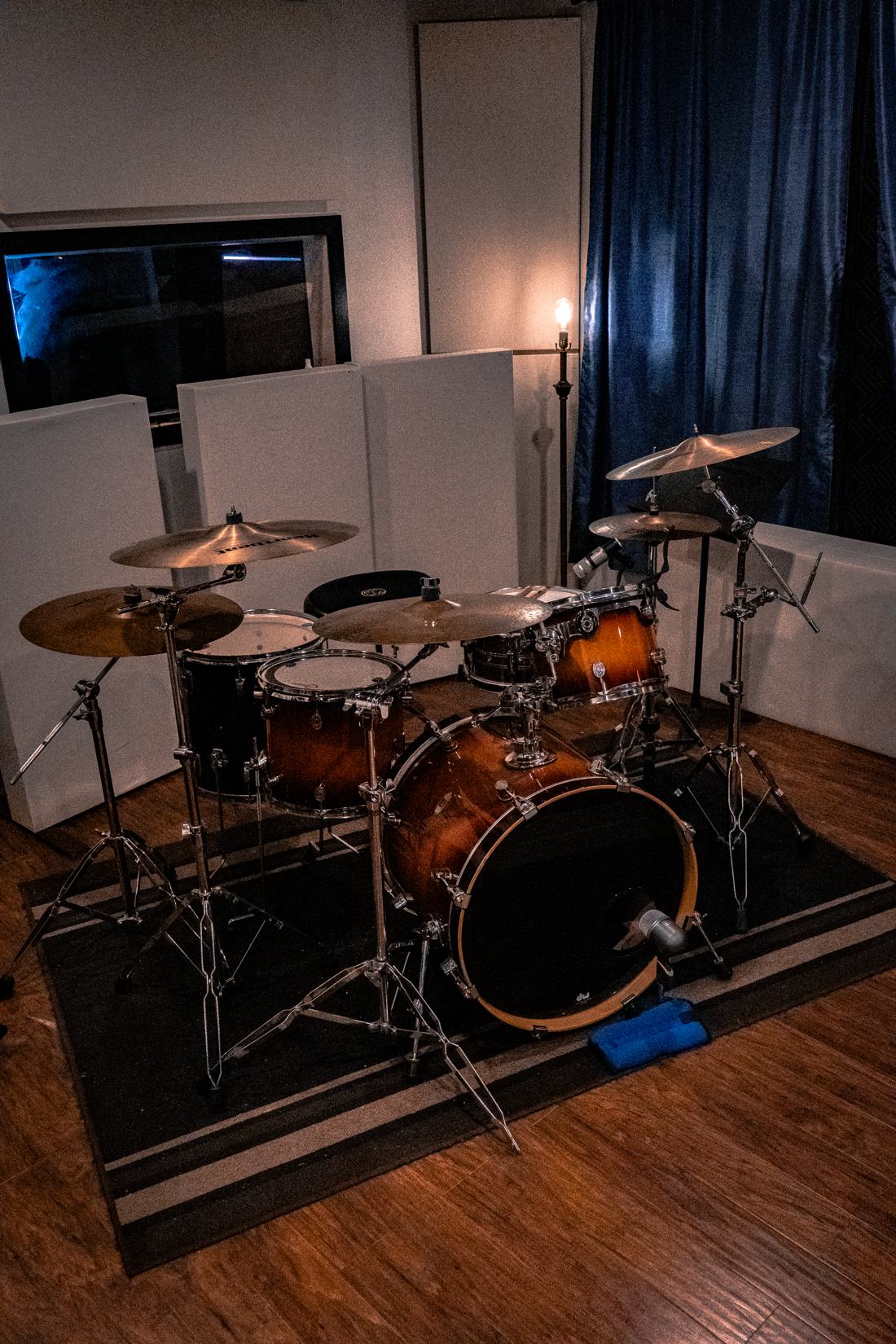 Drum kit staged in the live room